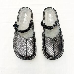 Alegria Black Silver Tuscany Metallic Mary Jane Mule Flat Shoes TUS 532 Size 39